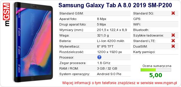 Dane telefonu Samsung Galaxy Tab A 8.0 2019 SM-P200