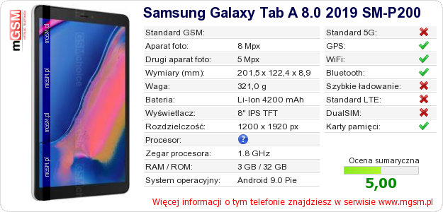 Dane telefonu Samsung Galaxy Tab A 8.0 2019 SM-P200
