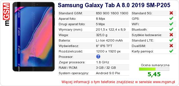 Dane telefonu Samsung Galaxy Tab A 8.0 2019 SM-P205