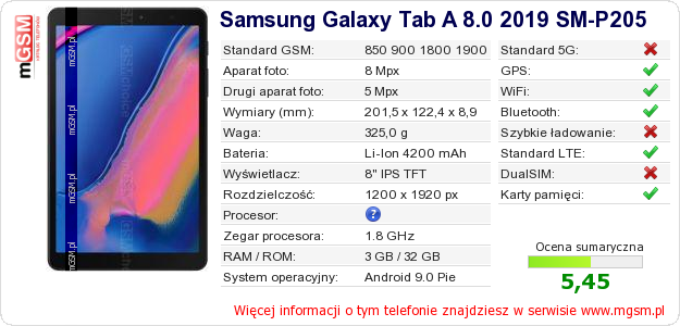 Dane telefonu Samsung Galaxy Tab A 8.0 2019 SM-P205