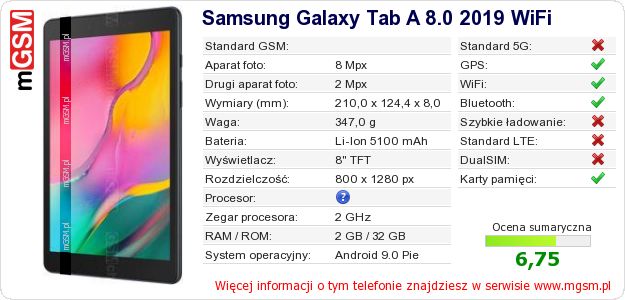 Dane telefonu Samsung Galaxy Tab A 8.0 2019 WiFi Dane telefonu Samsung Galaxy Tab A 8.0 2019 WiFi