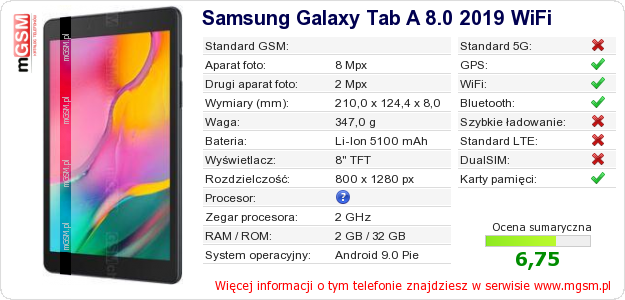 Dane telefonu Samsung Galaxy Tab A 8.0 2019 WiFi