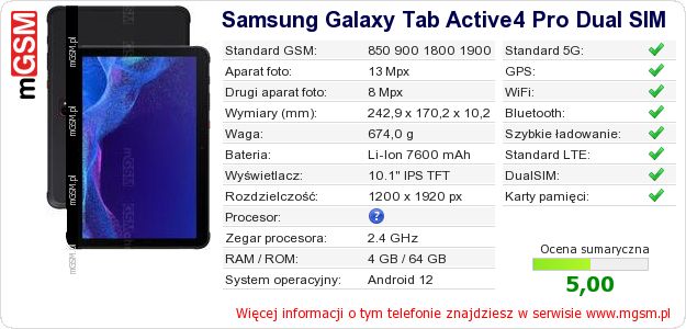 Dane telefonu Samsung Galaxy Tab Active4 Pro Dual SIM