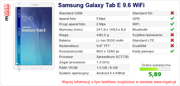Dane telefonu Samsung Galaxy Tab E 9.6 WiFi Dane telefonu Samsung Galaxy Tab E 9.6 WiFi