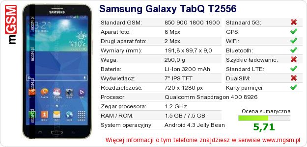 Dane telefonu Samsung Galaxy TabQ T2556 Dane telefonu Samsung Galaxy TabQ T2556