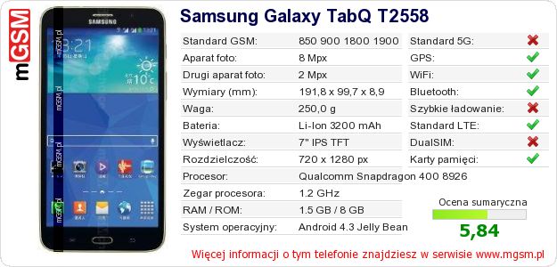 Dane telefonu Samsung Galaxy TabQ T2558 Dane telefonu Samsung Galaxy TabQ T2558