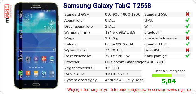 Dane telefonu Samsung Galaxy TabQ T2558