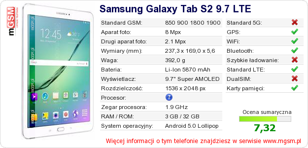 Dane telefonu Samsung Galaxy Tab S2 9.7 LTE