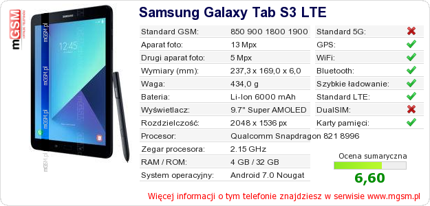 Dane telefonu Samsung Galaxy Tab S3 LTE Dane telefonu Samsung Galaxy Tab S3 LTE