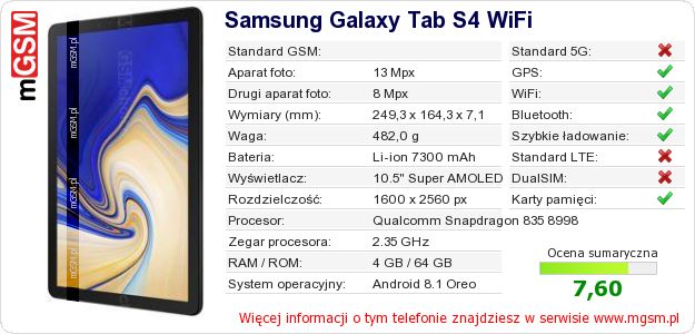 Dane telefonu Samsung Galaxy Tab S4 WiFi