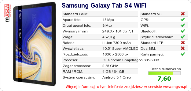Dane telefonu Samsung Galaxy Tab S4 WiFi Dane telefonu Samsung Galaxy Tab S4 WiFi