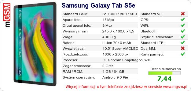 Dane telefonu Samsung Galaxy Tab S5e Dane telefonu Samsung Galaxy Tab S5e