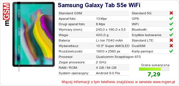 Dane telefonu Samsung Galaxy Tab S5e WiFi