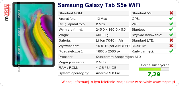 Dane telefonu Samsung Galaxy Tab S5e WiFi