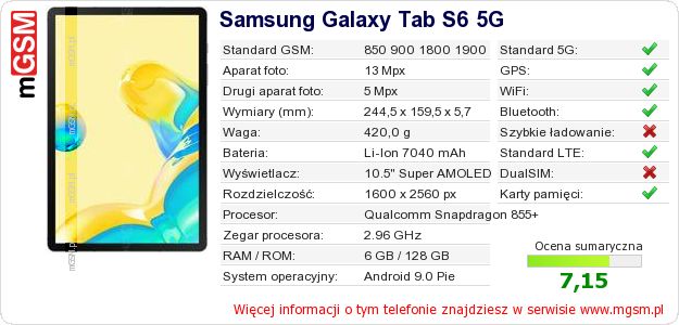 Dane telefonu Samsung Galaxy Tab S6 5G Dane telefonu Samsung Galaxy Tab S6 5G