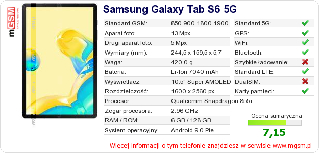 Dane telefonu Samsung Galaxy Tab S6 5G