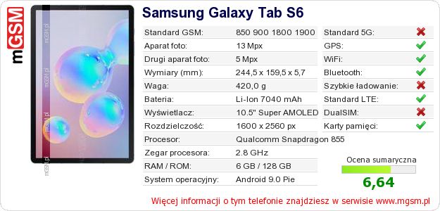Dane telefonu Samsung Galaxy Tab S6 Dane telefonu Samsung Galaxy Tab S6