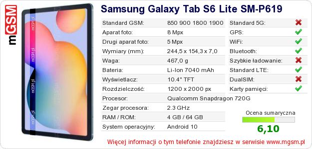 Dane telefonu Samsung Galaxy Tab S6 Lite SM-P619 Dane telefonu Samsung Galaxy Tab S6 Lite SM-P619