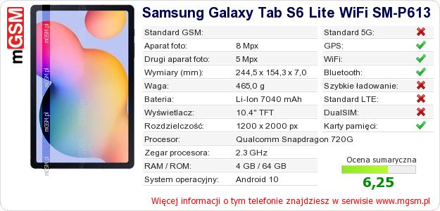 Dane telefonu Samsung Galaxy Tab S6 Lite WiFi SM-P613 Dane telefonu Samsung Galaxy Tab S6 Lite WiFi SM-P613