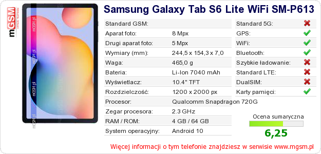 Dane telefonu Samsung Galaxy Tab S6 Lite WiFi SM-P613