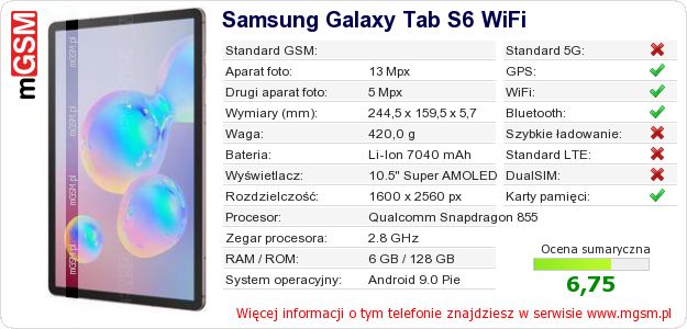 Dane telefonu Samsung Galaxy Tab S6 WiFi Dane telefonu Samsung Galaxy Tab S6 WiFi
