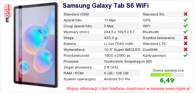 Dane telefonu Samsung Galaxy Tab S6 WiFi