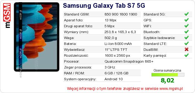 Dane telefonu Samsung Galaxy Tab S7 5G Dane telefonu Samsung Galaxy Tab S7 5G