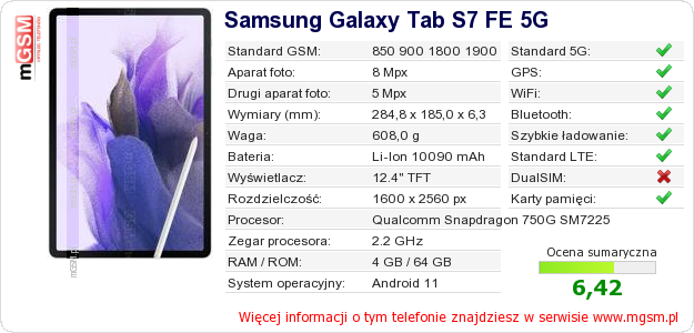 Dane telefonu Samsung Galaxy Tab S7 FE 5G