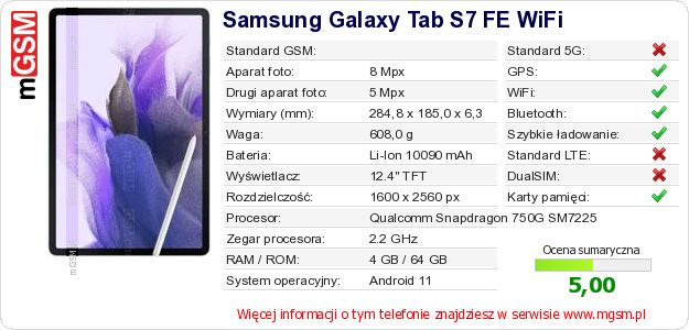 Dane telefonu Samsung Galaxy Tab S7 FE WiFi Dane telefonu Samsung Galaxy Tab S7 FE WiFi