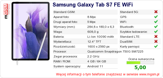 Dane telefonu Samsung Galaxy Tab S7 FE WiFi