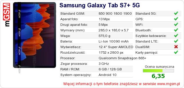 Dane telefonu Samsung Galaxy Tab S7+ 5G Dane telefonu Samsung Galaxy Tab S7+ 5G
