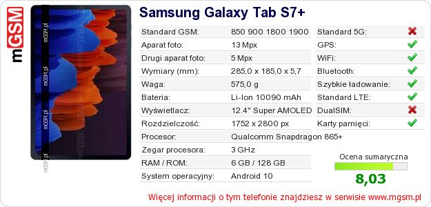 Dane telefonu Samsung Galaxy Tab S7+