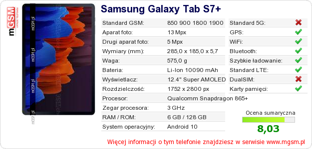 Dane telefonu Samsung Galaxy Tab S7+