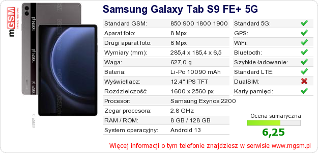 Dane telefonu Samsung Galaxy Tab S9 FE+ 5G