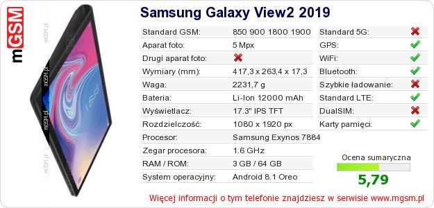 Dane telefonu Samsung Galaxy View2 2019 Dane telefonu Samsung Galaxy View2 2019