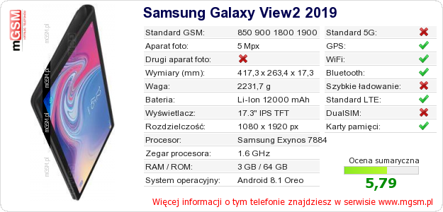 Dane telefonu Samsung Galaxy View2 2019 Dane telefonu Samsung Galaxy View2 2019