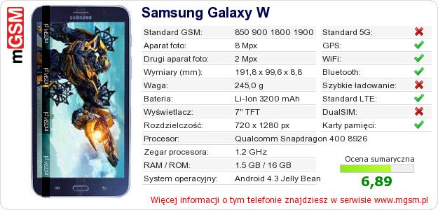 Dane telefonu Samsung Galaxy W