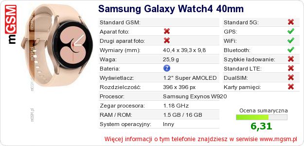 Dane telefonu Samsung Galaxy Watch4 40mm Dane telefonu Samsung Galaxy Watch4 40mm