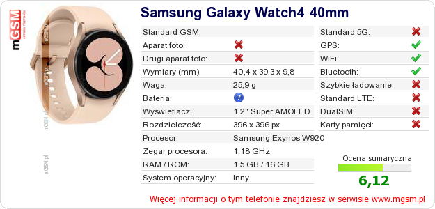 Dane telefonu Samsung Galaxy Watch4 40mm