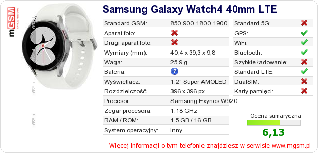 Dane telefonu Samsung Galaxy Watch4 40mm LTE