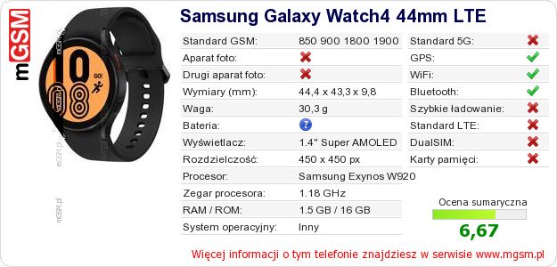 Dane telefonu Samsung Galaxy Watch4 44mm LTE