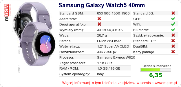 Dane telefonu Samsung Galaxy Watch5 40mm