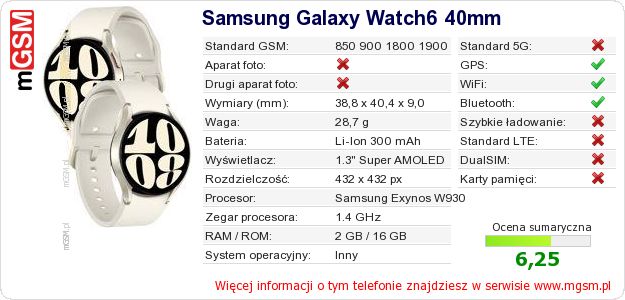 Dane telefonu Samsung Galaxy Watch6 40mm