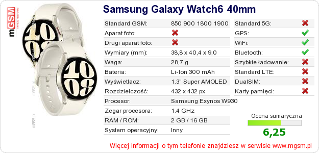 Dane telefonu Samsung Galaxy Watch6 40mm