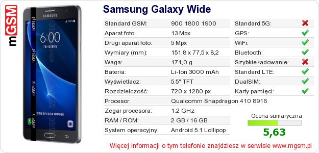 Dane telefonu Samsung Galaxy Wide