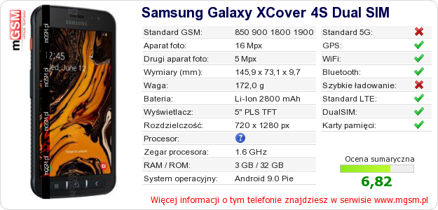 Dane telefonu Samsung Galaxy XCover 4S Dual SIM Dane telefonu Samsung Galaxy XCover 4S Dual SIM