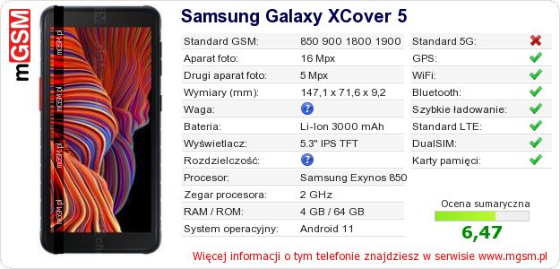 Dane telefonu Samsung Galaxy XCover 5