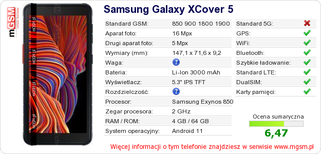 Dane telefonu Samsung Galaxy XCover 5