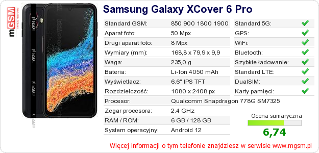 Dane telefonu Samsung Galaxy XCover 6 Pro