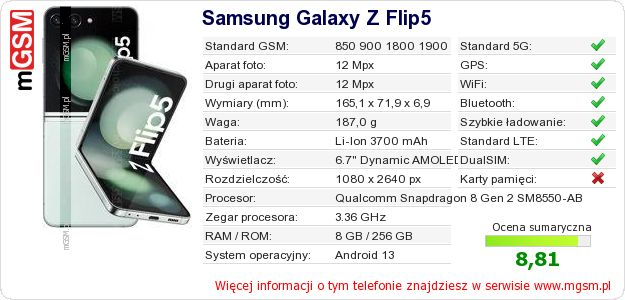 Dane telefonu Samsung Galaxy Z Flip5 Dane telefonu Samsung Galaxy Z Flip5